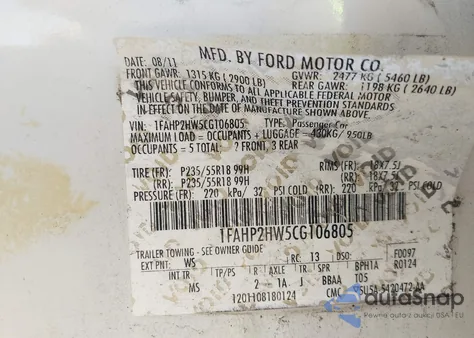 2012 Ford Taurus Sel z USA, uszkodzony, nr VIN 1FAHP2HW5CG106805